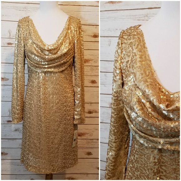 Eliza J Dresses & Skirts - Eliza J Gold Drape Neck Sequin Dress